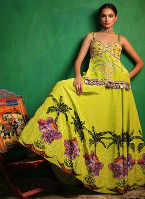 Green Purple Printed Crepe Lehenga Set 4