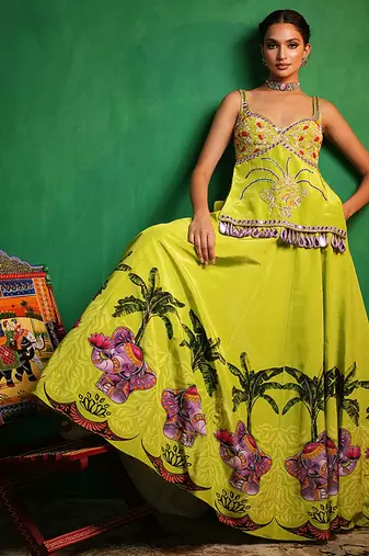 Green Purple Printed Crepe Lehenga Set