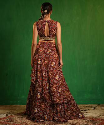 Maroon Digital Printed Georgette Lehenga Set 3