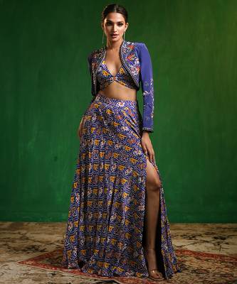 Blue Digital Printed Crepe Jacket Lehenga Set 1