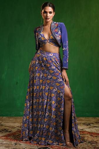 Blue Digital Printed Crepe Jacket Lehenga Set