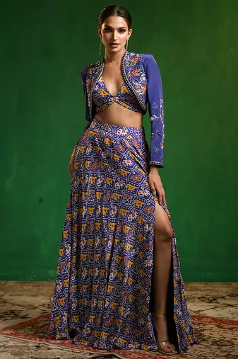 Blue Digital Printed Crepe Jacket Lehenga Set