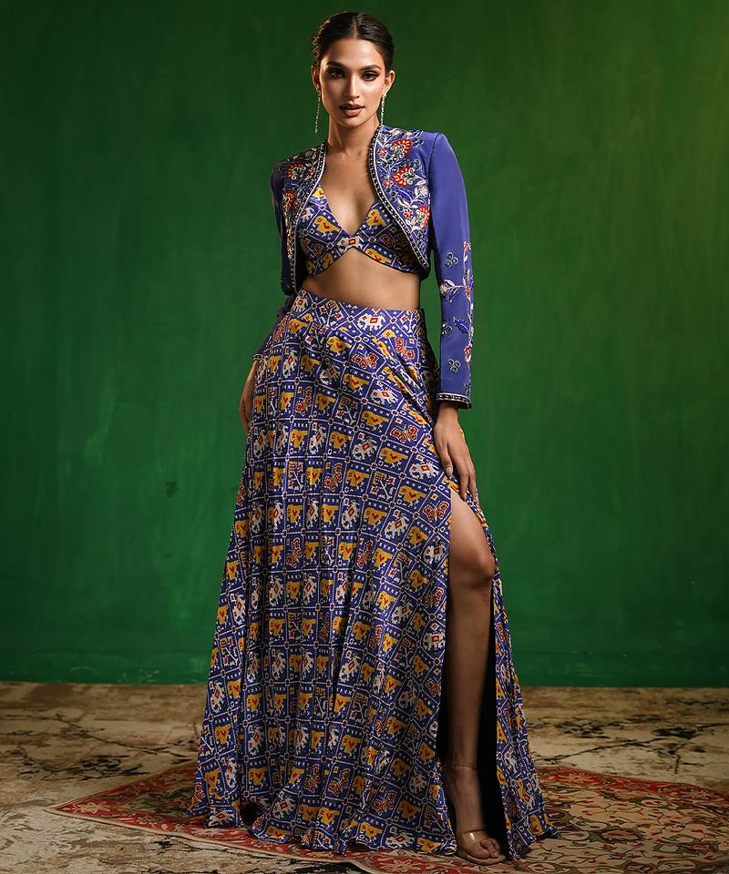 Blue Digital Printed Crepe Jacket Lehenga Set