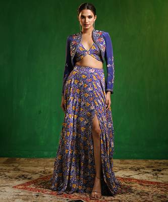 Blue Digital Printed Crepe Jacket Lehenga Set 2