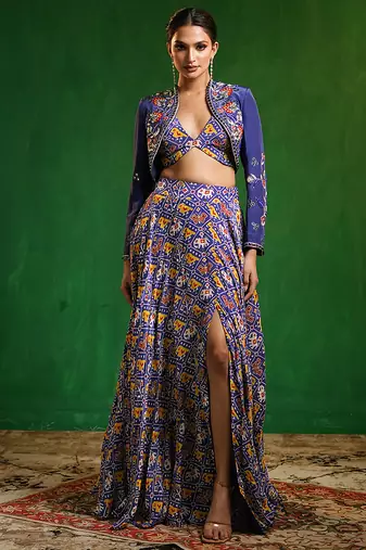 Blue Digital Printed Crepe Jacket Lehenga Set