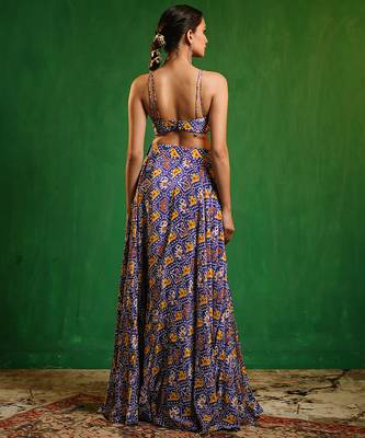 Blue Digital Printed Crepe Jacket Lehenga Set 3