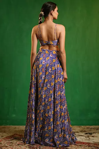 Blue Digital Printed Crepe Jacket Lehenga Set