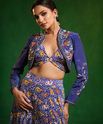 Blue Digital Printed Crepe Jacket Lehenga Set 4