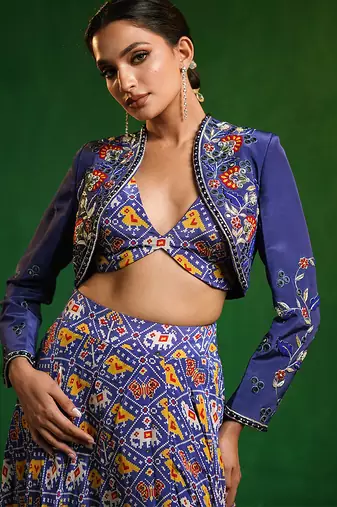 Blue Digital Printed Crepe Jacket Lehenga Set