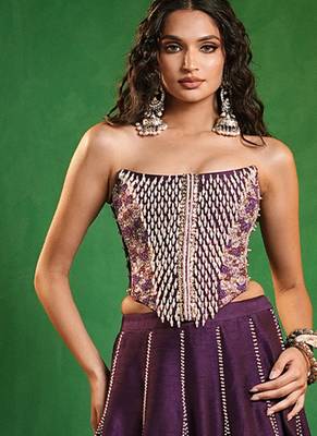 Dark Purple Embroidered Slub Silk Corset And Lehenga 2