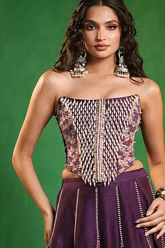 Dark Purple Embroidered Slub Silk Corset And Lehenga