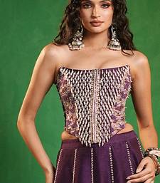 Dark Purple Embroidered Slub Silk Corset And Lehenga