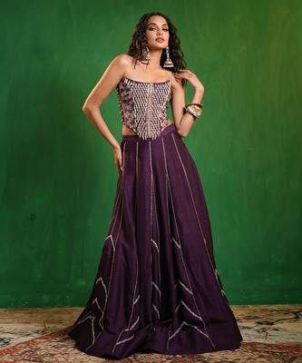 Dark Purple Embroidered Slub Silk Corset And Lehenga 1