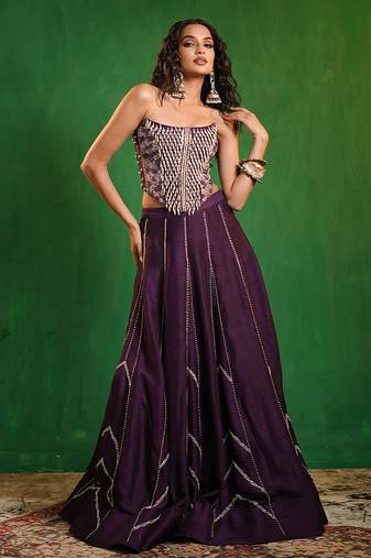 Dark Purple Embroidered Slub Silk Corset And Lehenga