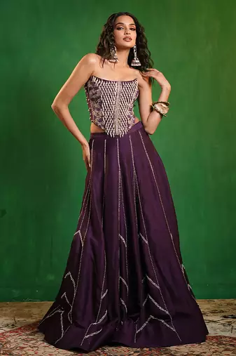 Dark Purple Embroidered Slub Silk Corset And Lehenga
