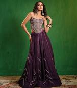 Dark Purple Embroidered Slub Silk Corset And Lehenga