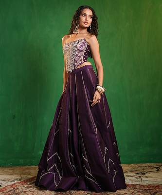 Dark Purple Embroidered Slub Silk Corset And Lehenga 3