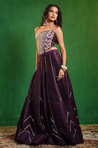 Dark Purple Embroidered Slub Silk Corset And Lehenga
