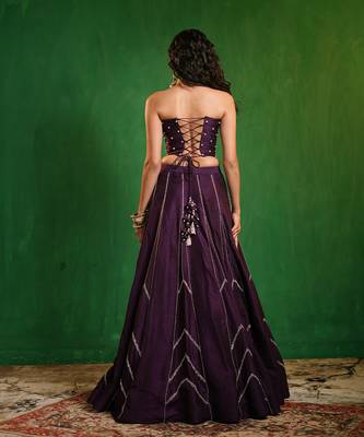Dark Purple Embroidered Slub Silk Corset And Lehenga 4