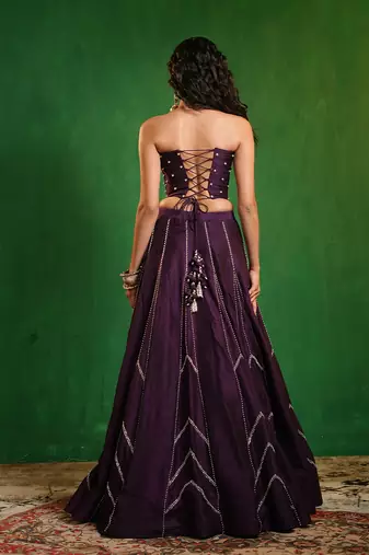 Dark Purple Embroidered Slub Silk Corset And Lehenga