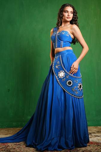 Royal Blue Embroidered Crepe Lehenga Set
