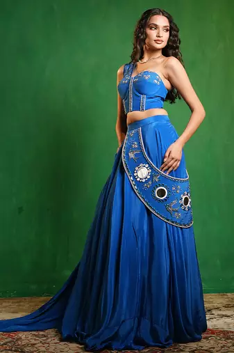 Royal Blue Embroidered Crepe Lehenga Set