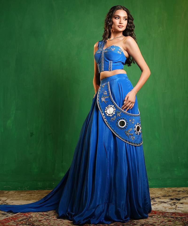 Royal Blue Embroidered Crepe Lehenga Set