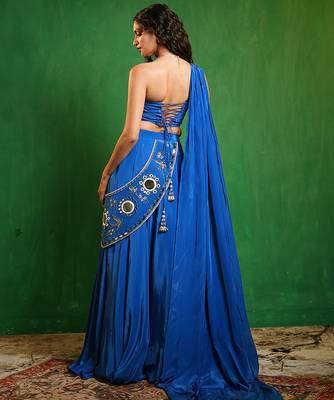 Royal Blue Embroidered Crepe Lehenga Set 3