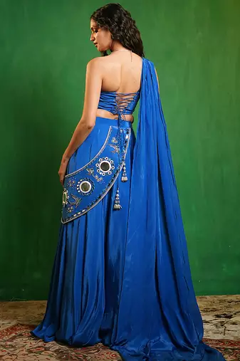 Royal Blue Embroidered Crepe Lehenga Set