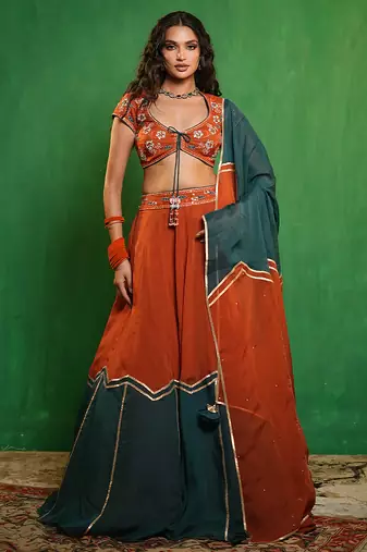 Rust Orange And Teal Embroidered Organza Lehenga Set