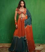 Rust Orange And Teal Embroidered Organza Lehenga Set