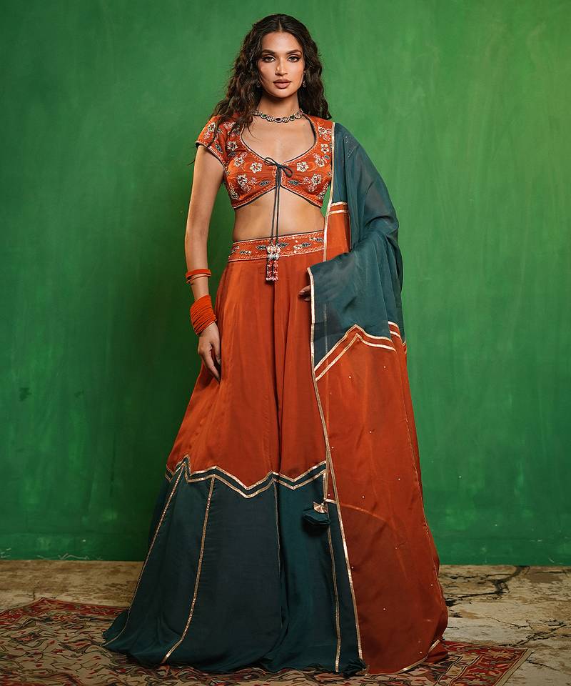 Rust Orange And Teal Embroidered Organza Lehenga Set
