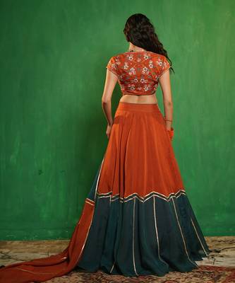 Rust Orange And Teal Embroidered Organza Lehenga Set 2