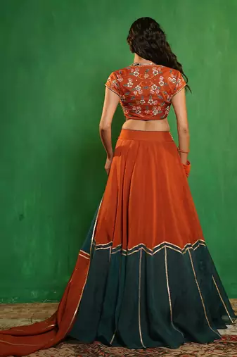 Rust Orange And Teal Embroidered Organza Lehenga Set