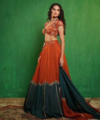 Rust Orange And Teal Embroidered Organza Lehenga Set 3