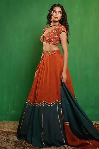 Rust Orange And Teal Embroidered Organza Lehenga Set