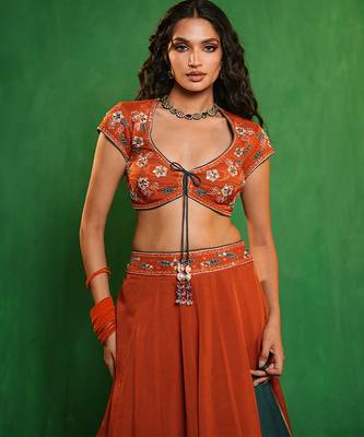 Rust Orange And Teal Embroidered Organza Lehenga Set 4