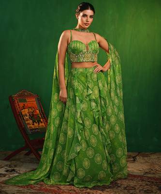 Lime Green Digital Printed Georgette Lehenga Set 1