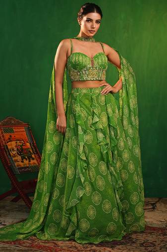 Lime Green Digital Printed Georgette Lehenga Set