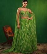 Lime Green Digital Printed Georgette Lehenga Set
