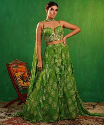 Lime Green Digital Printed Georgette Lehenga Set 2