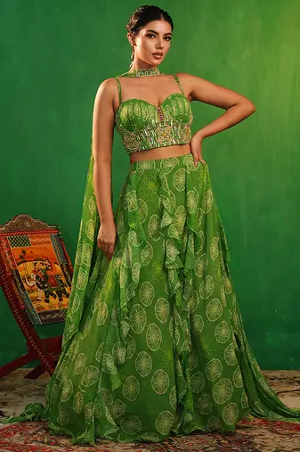 Lime Green Digital Printed Georgette Lehenga Set