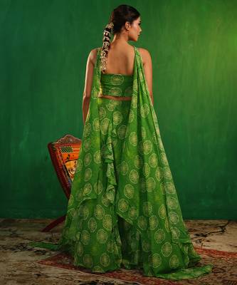 Lime Green Digital Printed Georgette Lehenga Set 3