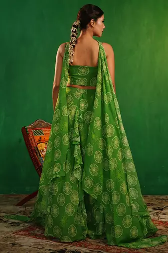 Lime Green Digital Printed Georgette Lehenga Set
