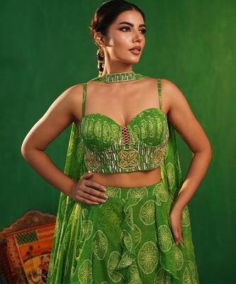 Lime Green Digital Printed Georgette Lehenga Set 4
