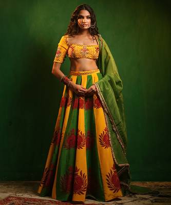 Yellow Green Printed Crepe And Glass Organza Lehenga Set 1