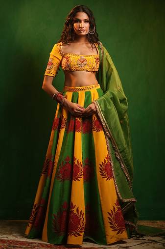 Yellow Green Printed Crepe And Glass Organza Lehenga Set
