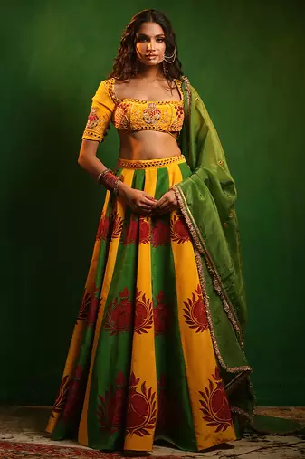 Yellow Green Printed Crepe And Glass Organza Lehenga Set