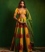 Yellow Green Printed Crepe And Glass Organza Lehenga Set