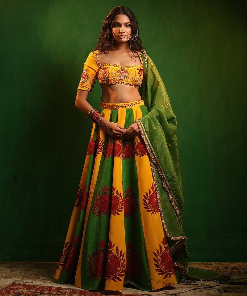 Yellow Green Printed Crepe And Glass Organza Lehenga Set